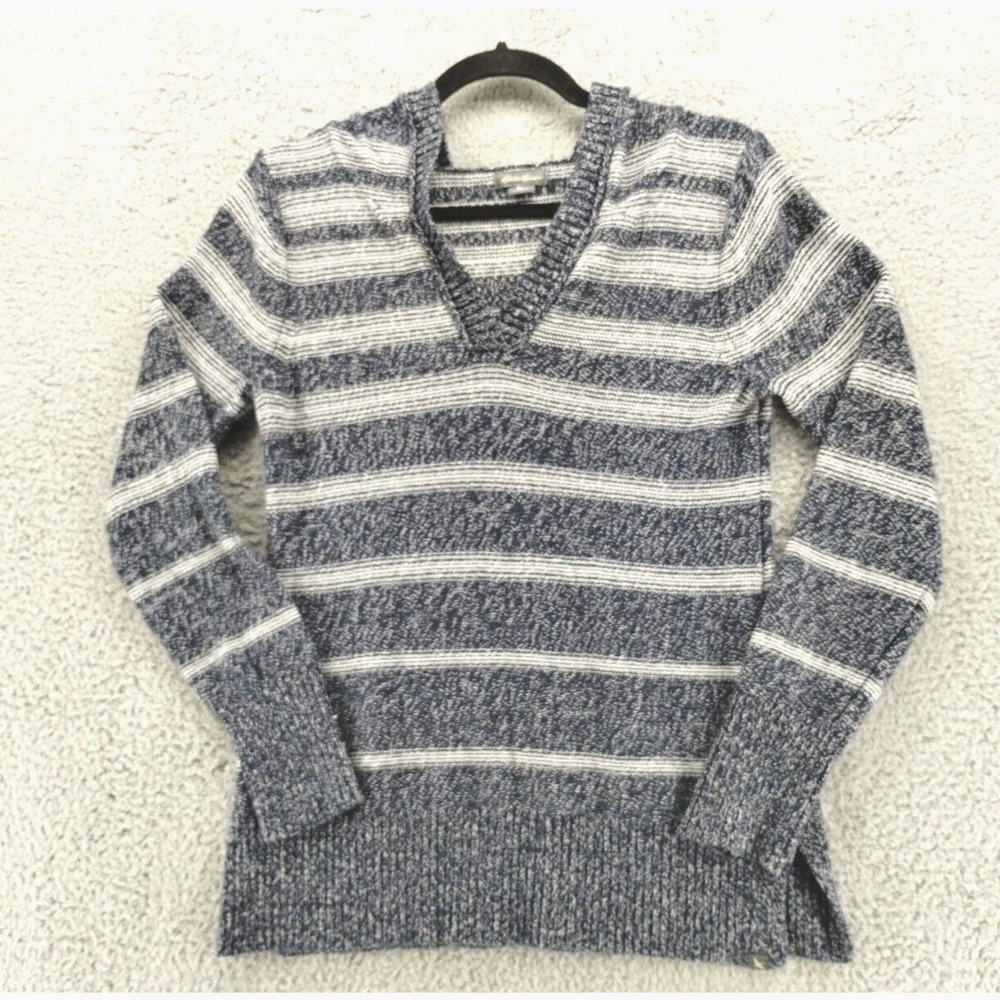 Eddie Bauer Sweater Womens Small Blue White Striped Hooded V-Neck Knit Pullover